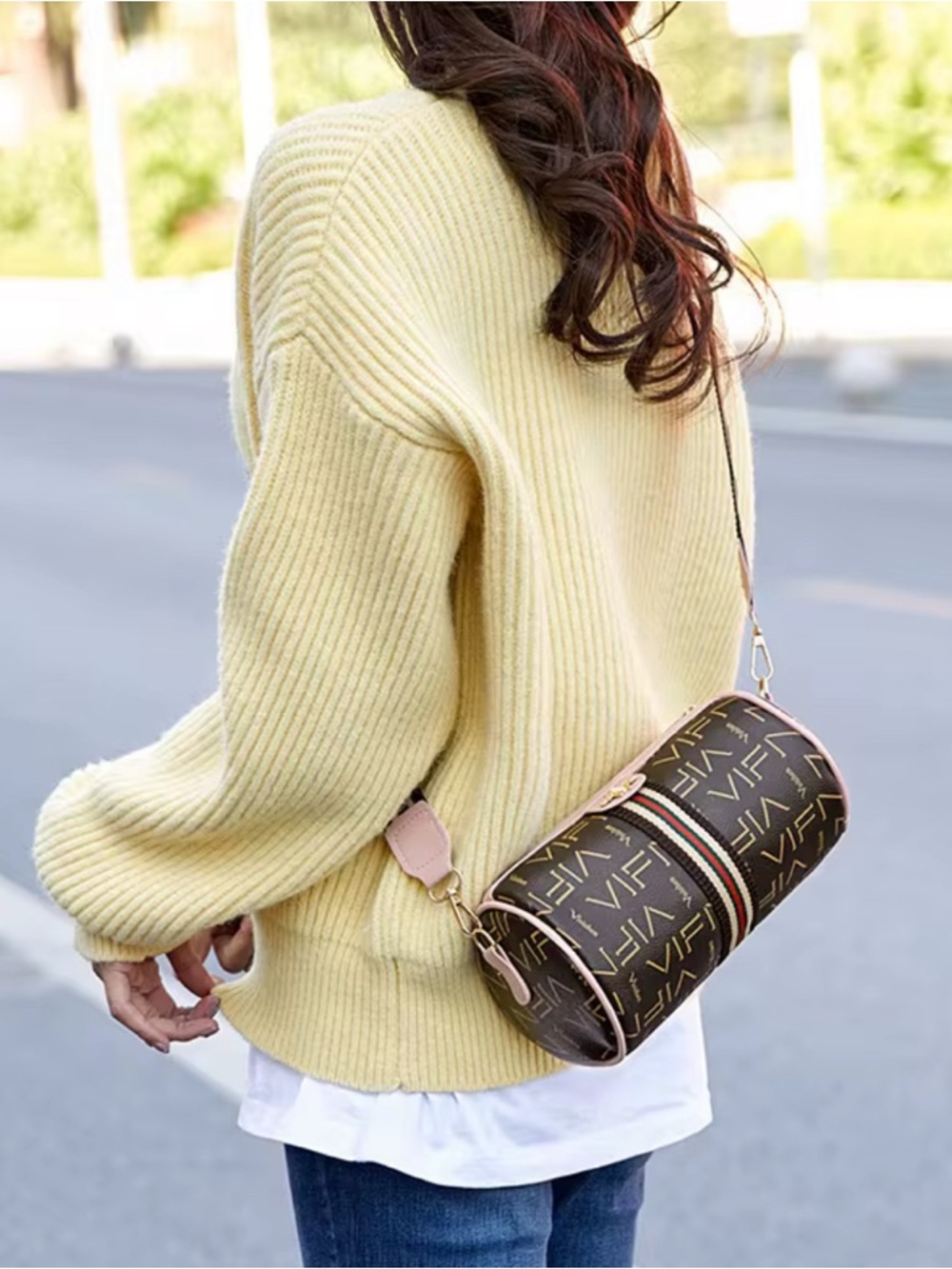 Monogram Bee Accent Barrel Crossbody Bag - khaki /Brown/-Red Stripe NIP - Picture 3 of 8